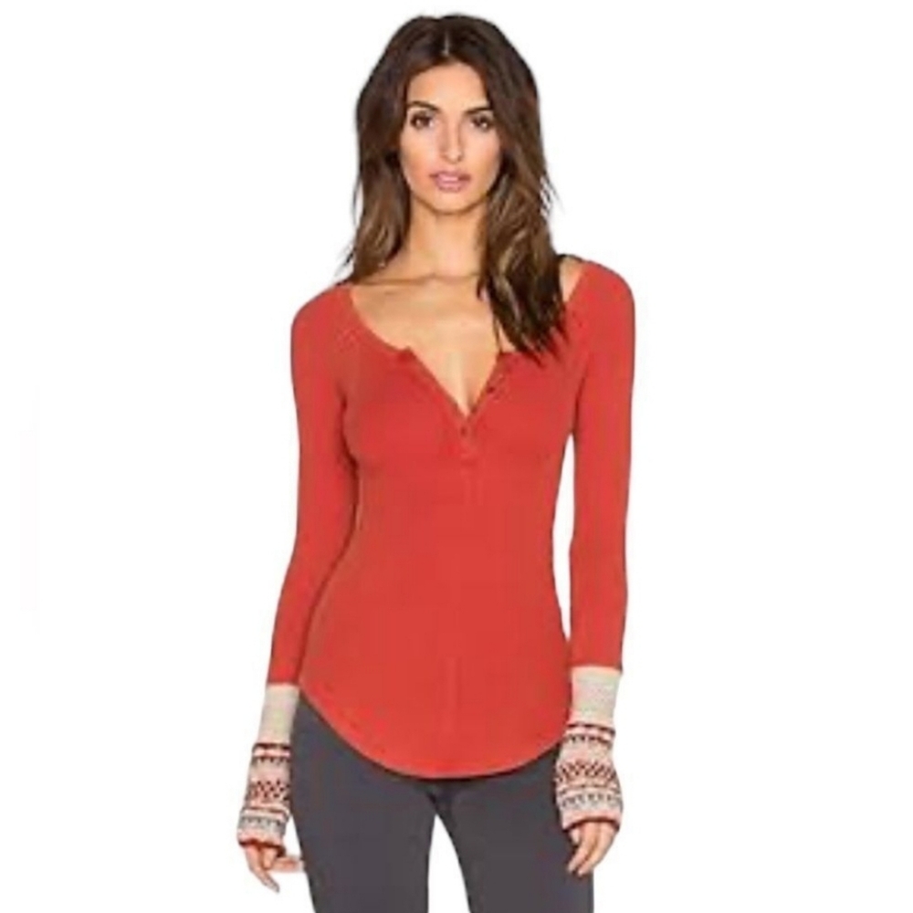 Free People Rust Red Long Sleeve Henley Top with Patterned Cuffs